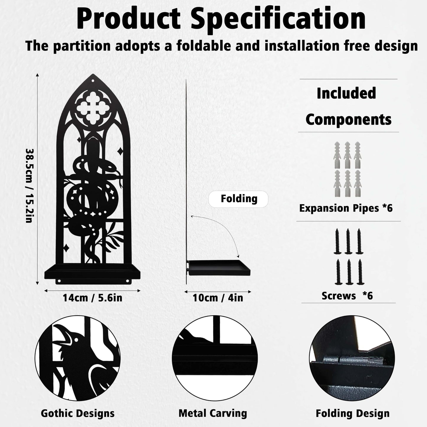 Zckjnoi Black Metal Gothic Wall Candle Sconces Set of 2, Raven & Snake Dark Academia Wall Decor with Tray for Taper & Pillar Candles, Fantasy Medieval Whimsical Halloween Victorian Pagan Wall Art