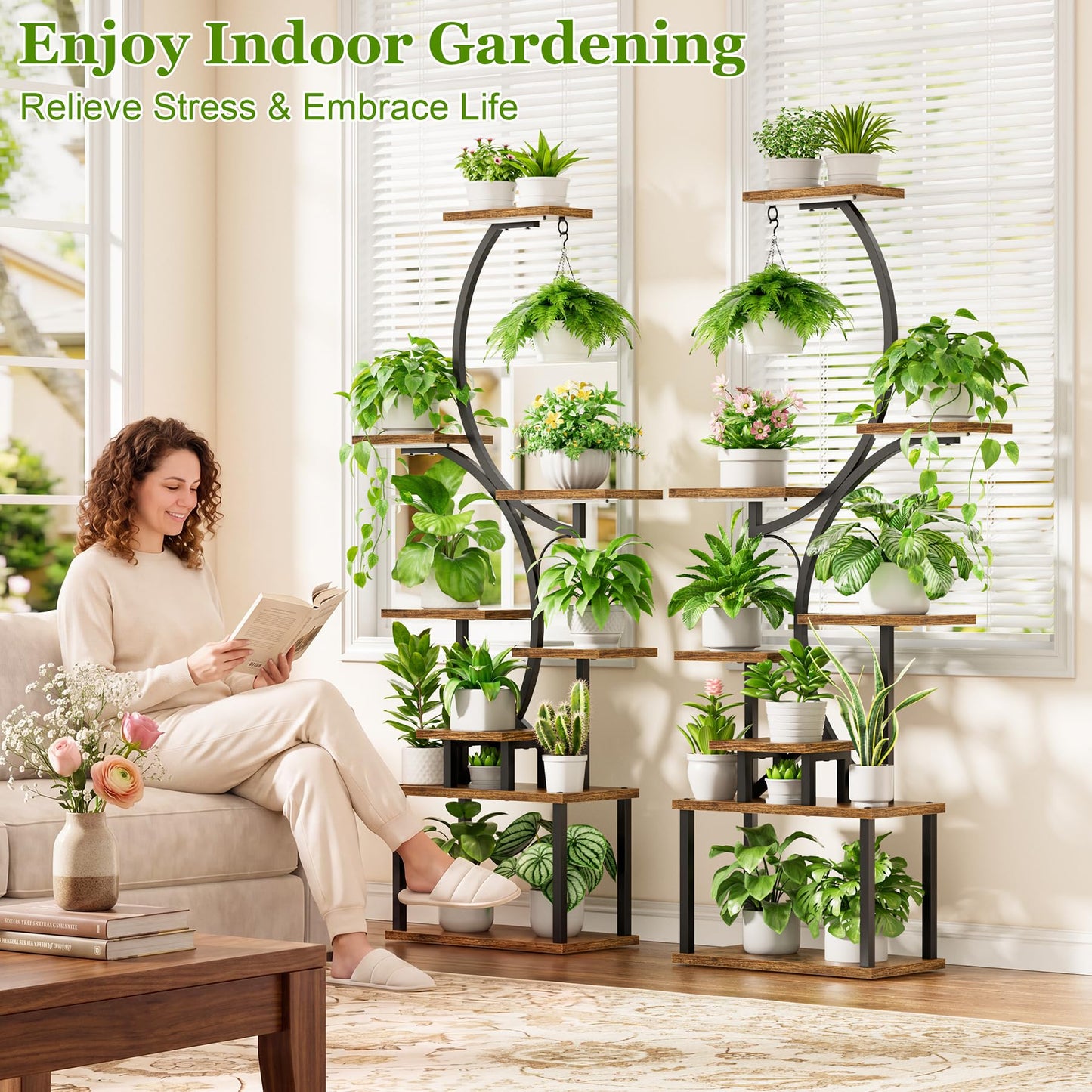 BACEKOLL Plant Stand Indoor with Grow Light - 2 Pack Tall Indoor Plant Shelf, 62" Corner Plant Holder, 8 Tiered Large S-Shape Flower Multiple Display Shelf for Home, Office
