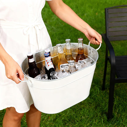 1PC Galvanized Tub Ice Bucket for Parties, Thick Metal Galvanized Drink Buckets, Beverage Tub with Handles, Drink Bucket for Indoor & Outdoor Party (White)