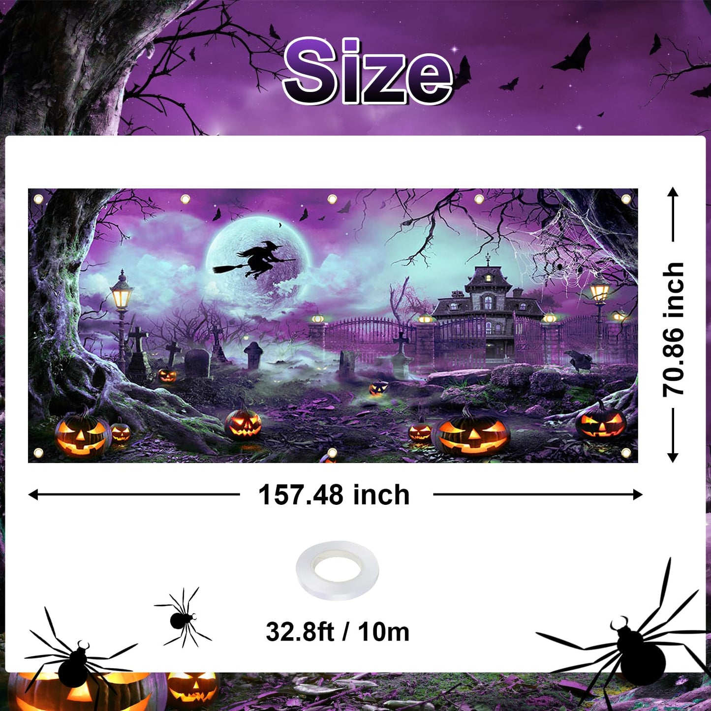 Avezano 6x13 ft Halloween Garage Door Banner Halloween Full Moon Scary Night Castle Pumpkins Garage Door Cover Backdrop Spooky Witch Cemetery Party Decorations (Purple)
