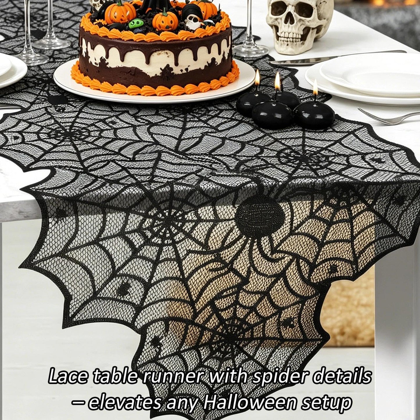 Zoonlinpp 5 Pack Halloween Decorations Indoor Black Lace Table Runner Fireplace Mantel Scarf Cover Spider Web Tablecloth Cobweb Lampshade with 32 Pcs Bat Wall Stickers Spooky Party Decor