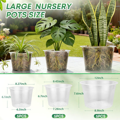 WTXHOP 15 Pack 8/10/12 Inch Large Clear Nursery Pots with Drainage Hole, Plastic Plant Pots for Seedling Flower Vegetable, Indoor Outdoor Gardening, Used as Liner Inside Decorative Pot (8 10 12 inch)