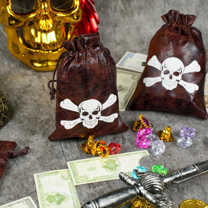Jopffol 12 Pcs Pirate Loot Bags Goodie Bag with Drawstring,Faux Cow Skin Pirate Treasure Bags for Birthday Party Favors Supplies,Dice Bag Accessories for Party Decorations