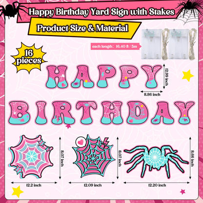 BrightRow 16 Pcs Spider Birthday Decorations Happy Birthday Yard Signs with Stakes and Lights 13" Weatherproof Yard Sign for Halloween Theme Outdoor Lawn Decor