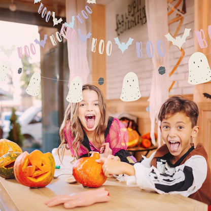 Cheerland Pastel Halloween Decorations Summerween Garland Bat Boo Ghost Pastelween Banner Hanging Photo Booth Backdrop for Cute Spooky Classroom Mantle Fireplace Baby Shower Birthday Party Decor 2pcs
