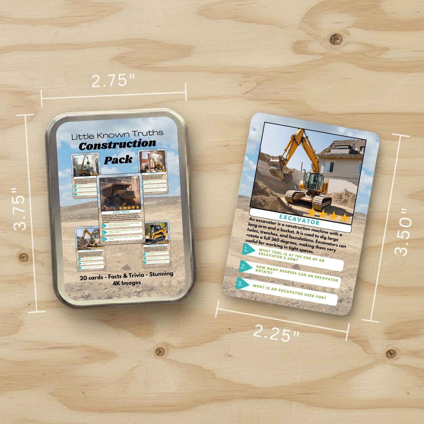Little Known Truths Construction Vehicle Trivia Flash Cards for Kids Ages 3+ | Educational Learning Cards with Trucks & Machines, STEM Fact Cards in Metal Tin, Screen-Free Travel Toy