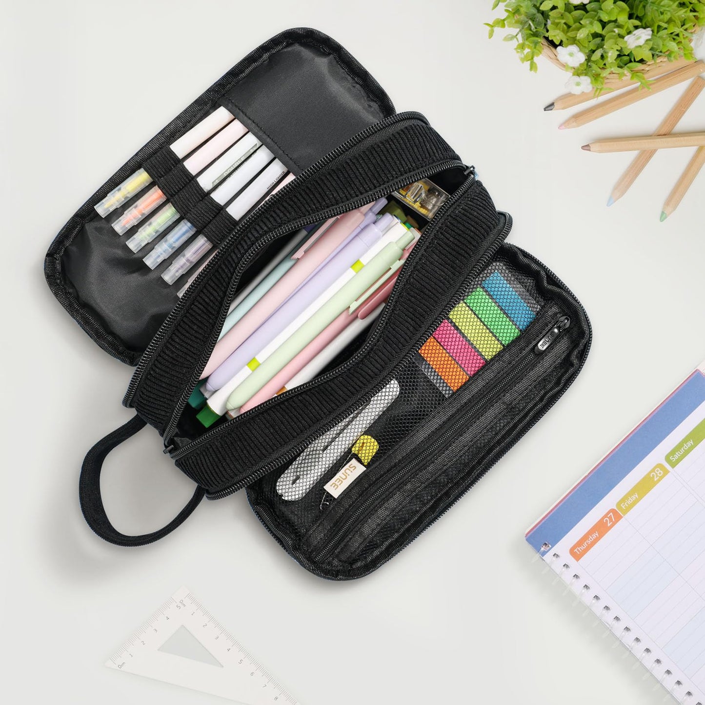 SUNEE Large Capacity Pencil Case with 3 Compartment, Extra Big Pencil Pouch, Pencil Bag with Zipper, Cute Stationery Organizer, Soft Corduroy Pen Box School Supplies for Student Girls Boys, Jet Black