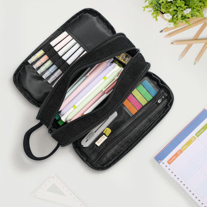 SUNEE Large Capacity Pencil Case with 3 Compartment, Extra Big Pencil Pouch, Pencil Bag with Zipper, Cute Stationery Organizer, Soft Corduroy Pen Box School Supplies for Student Girls Boys, Jet Black