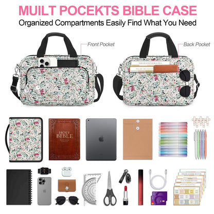 IBOVODI Pink Floral Bible Cover Case for Women, Cute Flower Large Bible Bag Book Carrying Bag with Strap Handle Zipper Pockets, Pens and Highlighters Cross Clips for Bible Study & Church