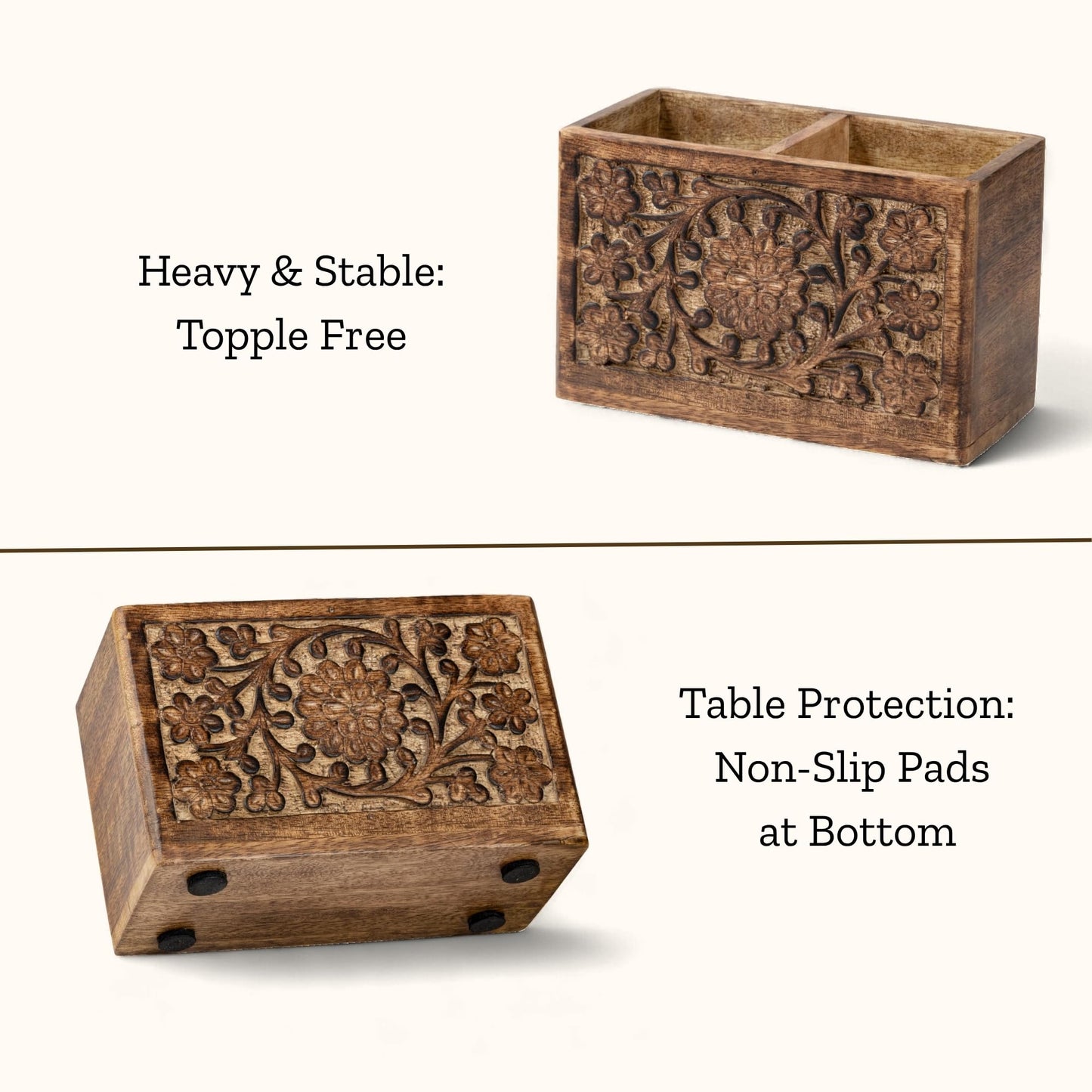 Mie Creations 2 Slot Rustic Pencil Holder Pen Stand for Desk Organizer | Handcarved Wooden Pen Holder for Desktop Table, Wood Office Accessories | Multipurpose School Stationery Craft Supplies 6''