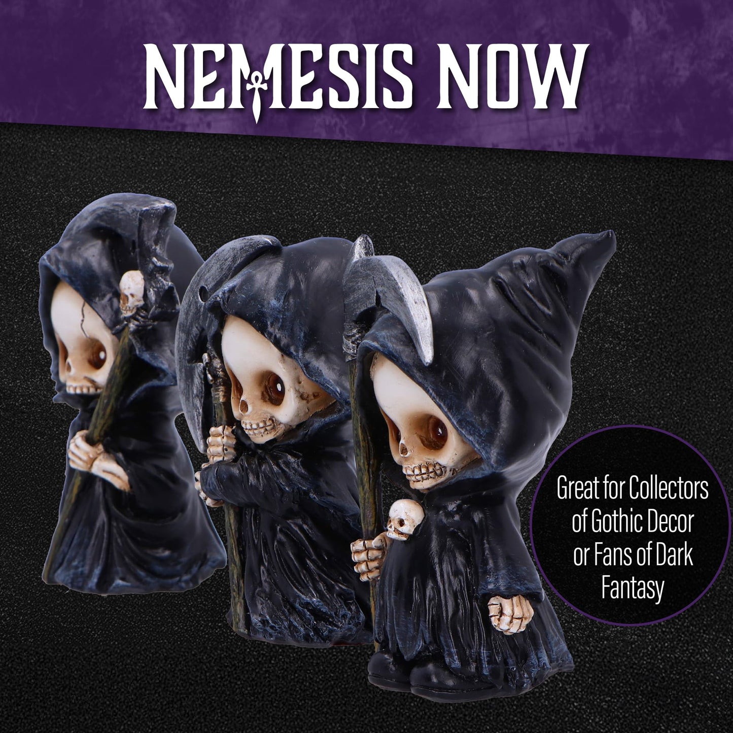 Nemesis Now Trio of Terror Mini Grim Reaper Figurines, Set of 3 Gothic Skeleton Statues, 3.5 Inch Halloween Decor for Shelves Desks and Creepy Gifts