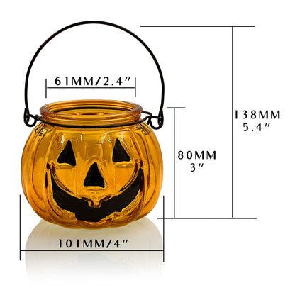 Halloween Candle Holders Set of 4, SHMILMH Tealight Votive Candle Holders with Grimace, Metal Hanging Pumpkin Jack O Lanterns Decorative Halloween Table Centerpiece Orange