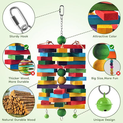ERKOON Extra Large Bird Parrot Toys for Macaws, African Grey, Amazon Parrots Multicolored Natural Wooden Blocks Parrot Chewing Toy Bird Cage Bite Toy