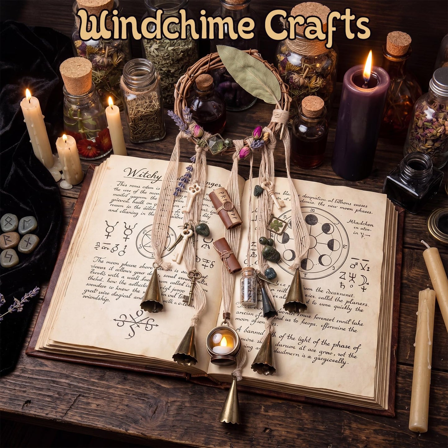 ElaraBerry 4 Sets Witch Bells DIY Kit Witchy Door Knob Hanging Decor Protection Witch Bells Craft for Door Window Garden