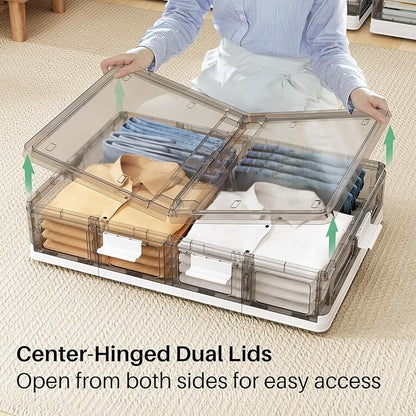Kitstorack 2 Pack Plastic Under Bed Storage Bins with Lids and 8 Pre-installed Wheels,Rolling Low Rrofile Under bed Containers Box for Clothes Shoes, 37.8 Qt, Long, Clear, Flat, Large