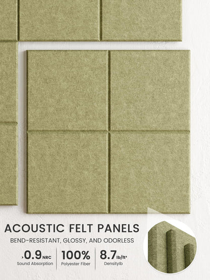 Bumusty Large Felt Bulletin Board, 48" x 36" Cork Board Alternative, 12-Pack Wall Tiles with 4-Compartment Design, 30 Push Pins, 70 Adhesive Tabs, Ideal for Office & Home Decor, Olive Green