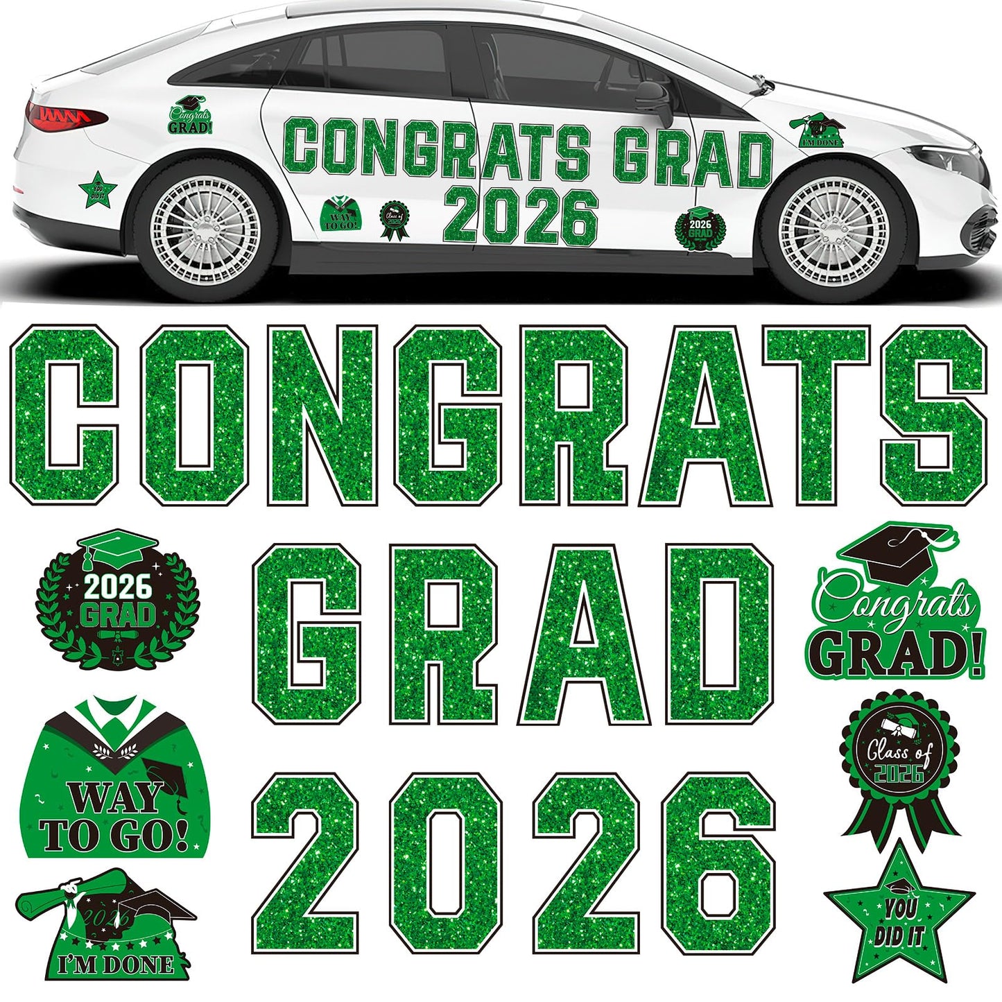 JULMELON Graduation Car Decorations Magnets, 22pcs Class of 2026 Grad Decor Car Magnetic for Kindergarten University Graduation Party Cruise Garage Door Refrigerator Decorations Supplies (Green)