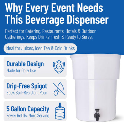 Carlisle FoodService Products Round Beverage Dispenser Drink Dispenser with Spigot for Catering, Plastic, 5 Gallons, White