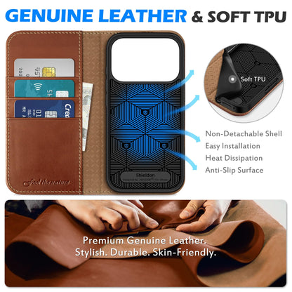 SHIELDON Genuine Leather Wallet Case for iPhone 17 Pro 6.3" 2025 | Flip Cover | Magnetic Closure | RFID Blocking Credit Card Holder | Kickstand | Shockproof Phone Cover | Retro Brown