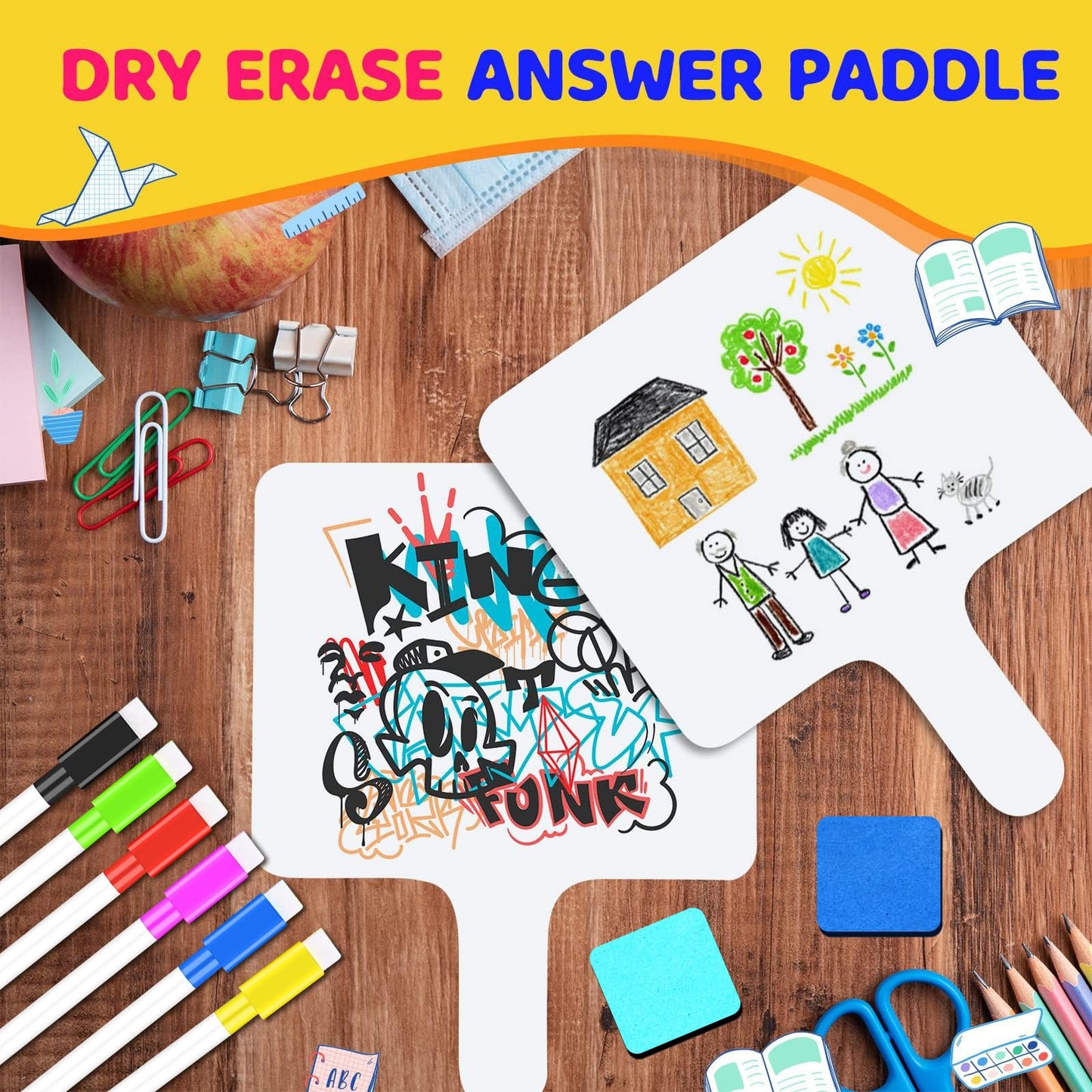 50 Pack Dry Erase Answer Paddles with Handle, 8 x 10 Inch Wooden Double-Sided Handheld Whiteboards Reusable Writing Boards with 50 Markers & 50 Erasers for Classroom Teaching & Auction Paddles Bidding
