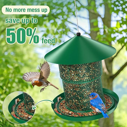 Bird Feeder for Outdoor Hanging, No Mess No Spill Birdfeeder for Outdoor, Squirrel Proof Bird Feeder w/Catch Tray - Large Capacity All-Metal for Outside Hanging to Attracting Birds, Green