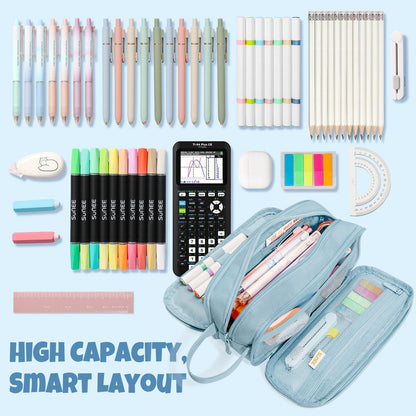 SUNEE Large Capacity Pencil Case with 3 Compartment, Extra Big Pencil Pouch, Pencil Bag with Zipper, Cute High Stationery Organizer, Oxford Pen Box School Supplies for Student Teen Girls Boys, Blue