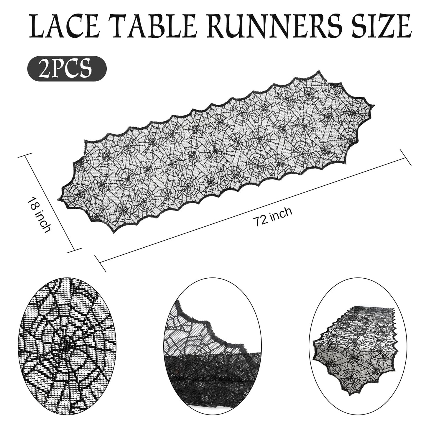 Black Lace Spider Web Table Runner - 2 Pcs, 18 X 72 Inch - Polyester Lace - Perfect for Halloween Parties & Gatherings