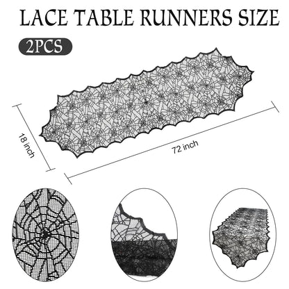 Black Lace Spider Web Table Runner - 2 Pcs, 18 X 72 Inch - Polyester Lace - Perfect for Halloween Parties & Gatherings