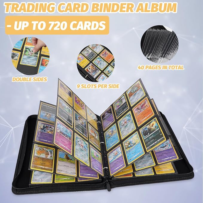 GERMUN 3 Ring 9 Pocket Zipper Card Binder, 720 Double Sided Standard PU Trading Card Album Folder for TCG & Sports Cards, Not Fit Top Loaders (Diamond Black)