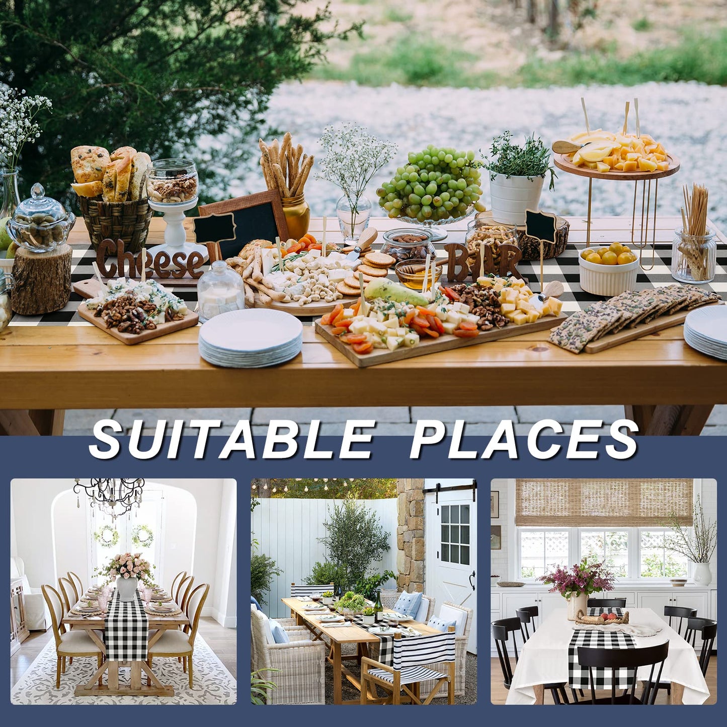 Hiasan Buffalo Plaid Table Runner, Classic Farmhouse Tabletop Collection, Waterproof Table Runner for Kitchen Dining, Banquet, Restaurant, Outdoor Use, 14W x 48L, Black and White, 1 Piece