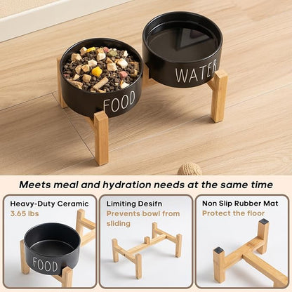 Elevated Ceramic Dog Bowls Set - Food & Water Lettering Raised Dog Bowl with Non-Slip Bamboo Stand for Small and Medium Dogs, Weighted Dogs Dishes Pet Bowls (6 inch, 2 * 30oz, Black)
