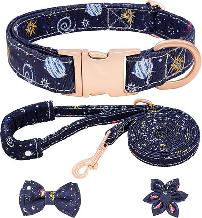 Dog Collar and Leash Set Adjustable Girls Puppy Floral Collars with Bow Tie for Small Medium Large Dogs(S, Blue Planet)