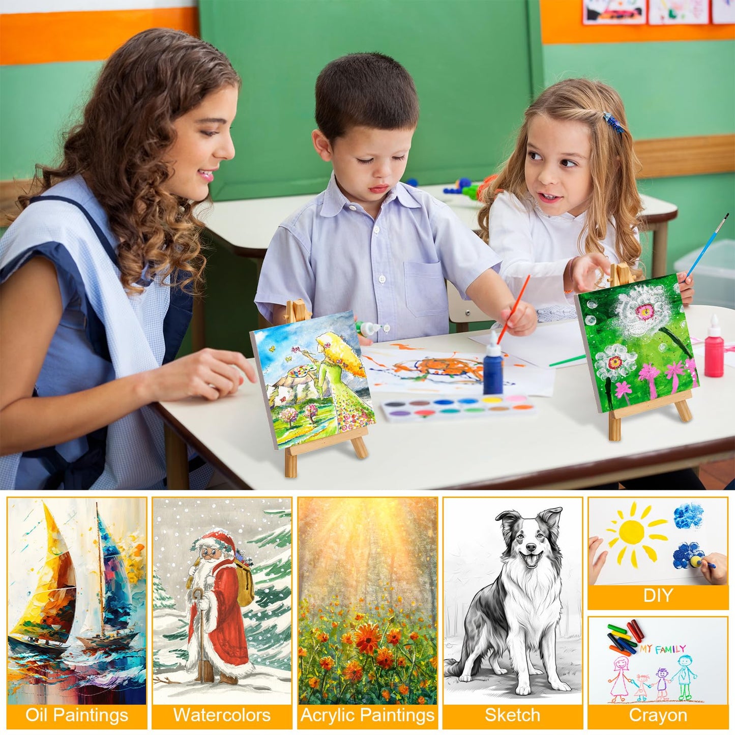 Mimorou 32 Pack Mini Canvas with Easel Sets for Painting Small Art Stretched Canvas Panels Pack with Sturdy Wood Display Easel for Classroom Crafts End of The Year Gifts (3 x 3 Inch)
