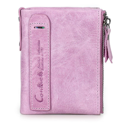 CONTACTS Soft Leather Wallet for Women Small Bifold Coin Purse Double Zipper Card Holder with RFID Blocking (Pinkish Purple)