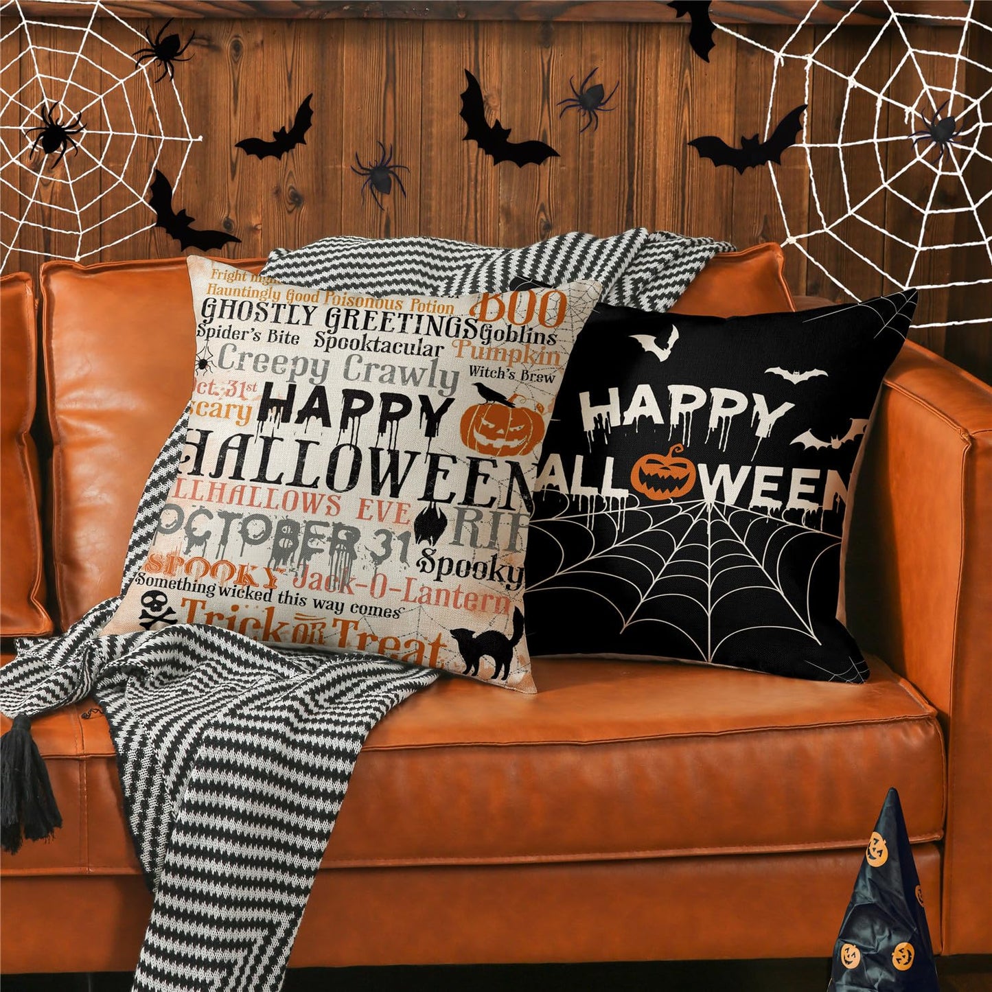 MODOVOS Halloween Pillow Covers 20x20 Set of 4 Spider Web Happy Halloween Decorations Jack-O-Lantern Pumpkin Throw Pillow Covers Witch Hat Trick or Treat Cushion Case for Sofa Couch