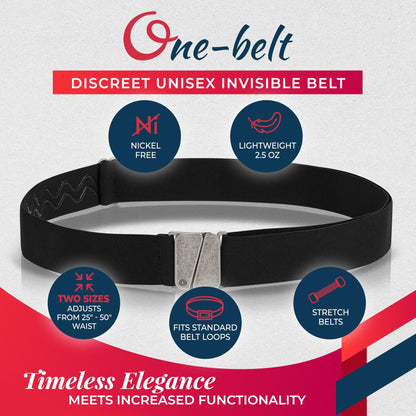 ONE-BELT No Show Invisible Elastic Belts for Women & Men 1.30" adjustable Non Slip No Buckle Bulge, Designed in USA.