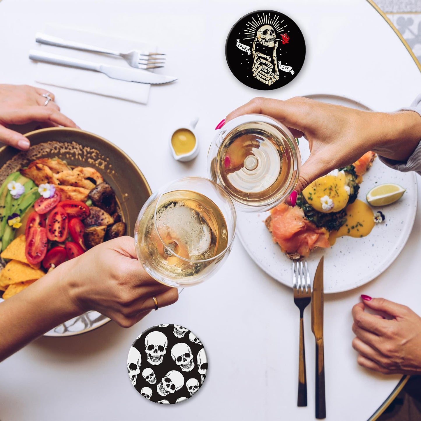 Coaster for Drinks Set of 6, Skeleton Skull Absorbing Round Ceramic Stone Coaster with Cork Base,Tabletop Protection Mat for Mugs and Cups,Coffee Table Wine Glass Home Bar 4 Inch