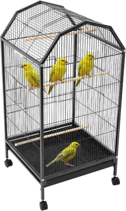 Large Bird Cage, Movable Pet Bird Flight Cages with 5 Doors Wheels, Panorama Bird Aviary Indoor with Stand 17.9x17.9x39.9in, Fit for a Canary, Finch, Cockatiels, Conures, Parrot, Lovebirds
