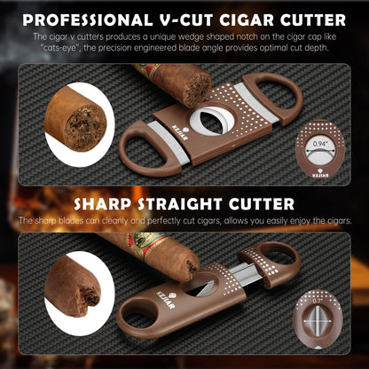 KEJIAR Cigar Humidor Case, Portable Cigar Box with Straight Cutter, V Cutter, Hole Puncher, Humidifier Packs, Travel Humidor and Cigar Accessories Gift Set Leather Cigar Case (Brown)