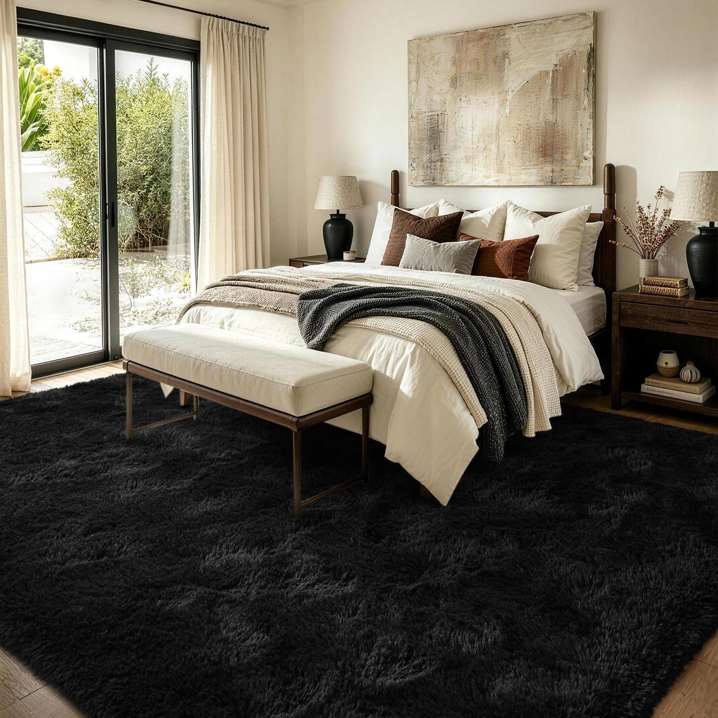 FinRèc 8x10 Feet Area Rugs for Living Room Bedroom, Fluffy Shaggy Large Rug, Non-Slip Soft Black Fuzzy Rugs for Nursery Kids Room Dorm Room Home Decor, Indoor Plush Floor Carpet