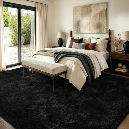 FinRèc 8x10 Feet Area Rugs for Living Room Bedroom, Fluffy Shaggy Large Rug, Non-Slip Soft Black Fuzzy Rugs for Nursery Kids Room Dorm Room Home Decor, Indoor Plush Floor Carpet
