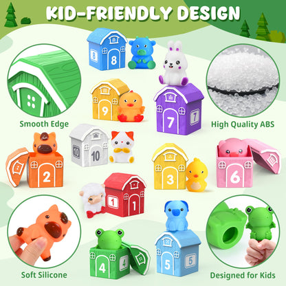 GooMags Montessori Toys for Toddlers, 21Pcs Farm Toys with Storage Bags/Playmat Counting, Matching, Sorting Preschool Learning Toy Including 10 Animal Finger Puppets Birthday Gift