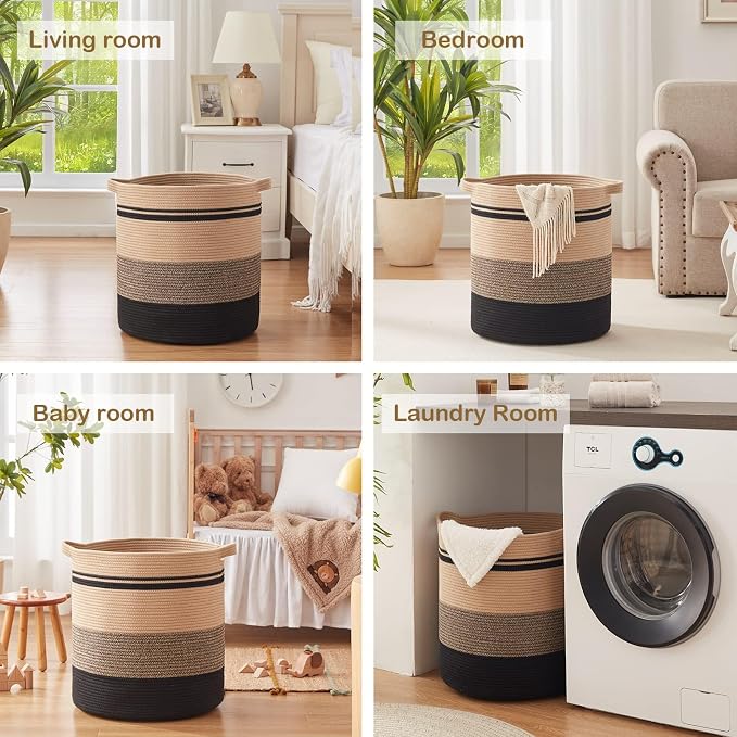 OIAHOMY 80L Laundry Baskets-Laundry Hamper,Storage Basket with Handles,Decorative Basket for Living room,Woven Storage Basket for Toys Bin,Pillows, Blankets,Clothes-20x18in-Yellow Black