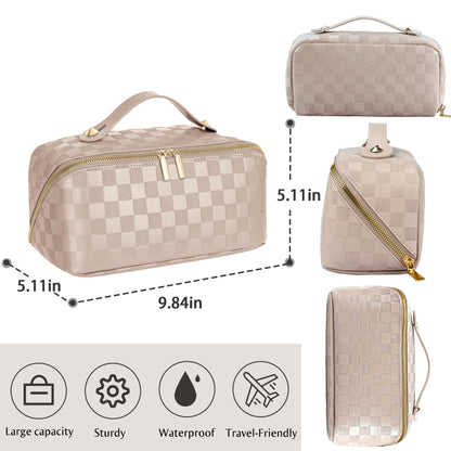 Large Capacity Travel Cosmetic Bag - Open Flat Makeup Bags for Women Waterproof PU Leather Checkered Makeup Organizer Bag,Toiletry Bag for Cosmetics, Portable Make up Bag for Travel Essentials, Khaki