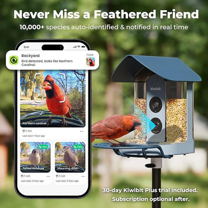 Kiwibit Smart Bird Feeder with Camera, Solar Powered for Outdoors, Bird Species AI Identification, 8MP Photo, 4K Video Livestream, Real-Time Bird Alert, Birdwatching Gifts for Bird Lovers, Bluejay Sky