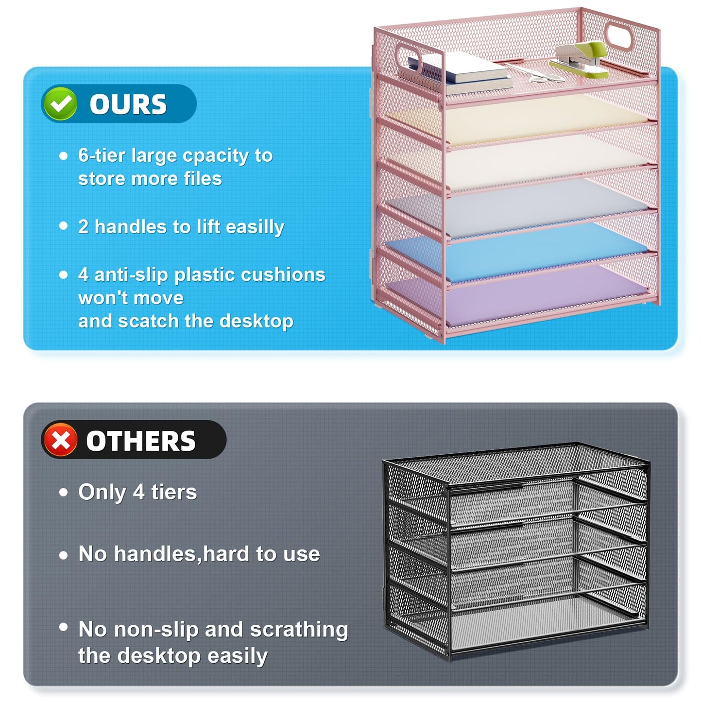 Marbrasse 2 Pack Desk Organizer with Handle, 6 Tier Paper Letter Tray, Mesh Desk File Organizer for Office, School and Home - Pink