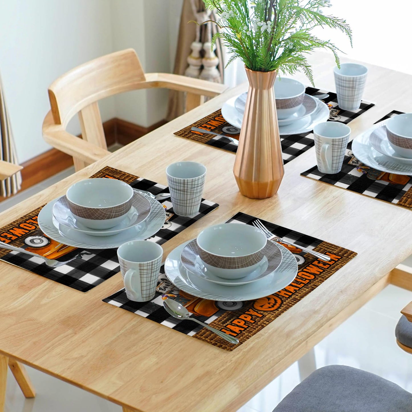Happy Halloween Placemats Set of 4, 12x18 Inch Pumpkin Ghost Truck Bats Buffalo Plaid Washable Linen Dining Table Place Mats Farmhouse Seasonal Kitchen Dinner Party Holiday Decor