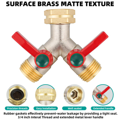 DINGBAI Garden Hose Splitter High Flow, 3/4”GHT Inlet Brass Heavy Duty Full Flow Hose Splitter 2-Way, Hose Y-Valve Faucet Splitter, Runner and Large Outlet with Extended Handle.
