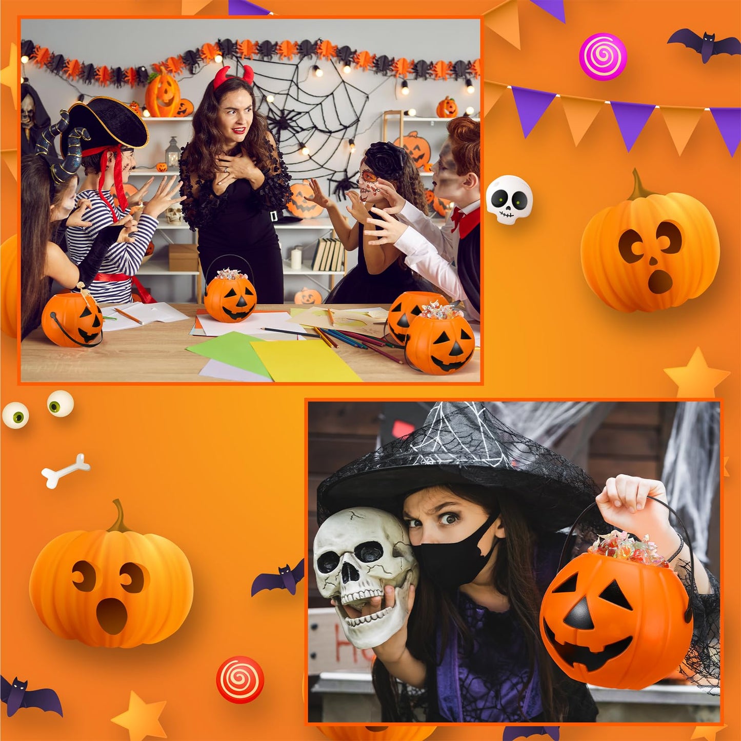 Beeveer 8 Pcs Plastic Pumpkin Buckets Trick or Treat Halloween Candy Baskets with Handle 6.7 x 5.1 Inches Plastic Pumpkin Large Candy Basket for Halloween Trick or Treat Party Supplies (Funny)