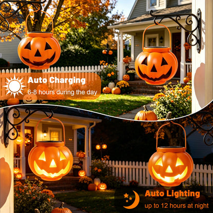BRIGHTDECK Halloween Pumpkin Solar Lanterns 2 Pack, Jack O Lantern Pumpkin Lights for Halloween Decorations Outdoor, Weatherproof & Portable Fall Yard Decor (2Pack Warm White)